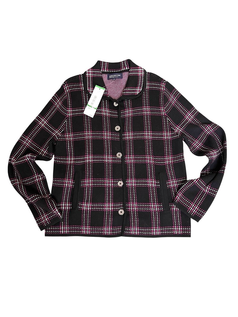 Jones New York Signature Sweater Jacket Petite Large Cardigan Button Up Plaid